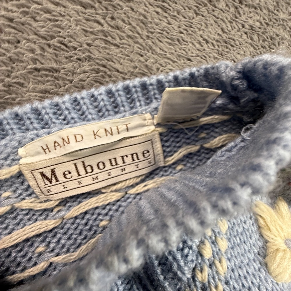 Vintage Melbourne Elements Hand Knit Blue Floral Embroidered Fair Isle Sweater S - Picture 2 of 9